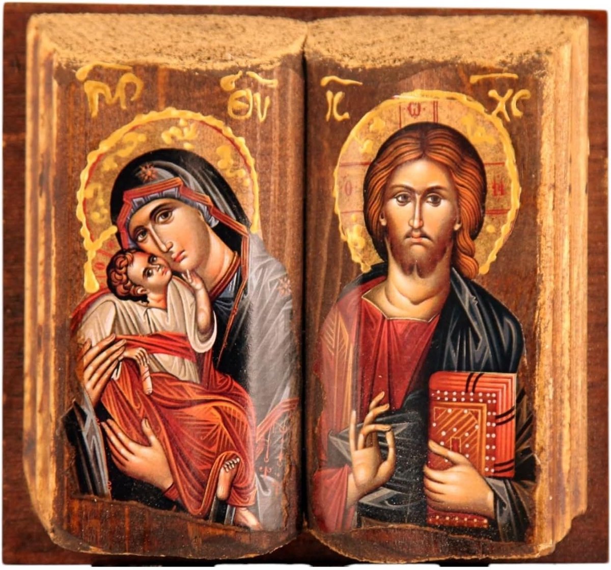 Houten Griekse Christelijke Orthodoxe Hout Icoon van Moeder van Jezus & Jezus/Mp11