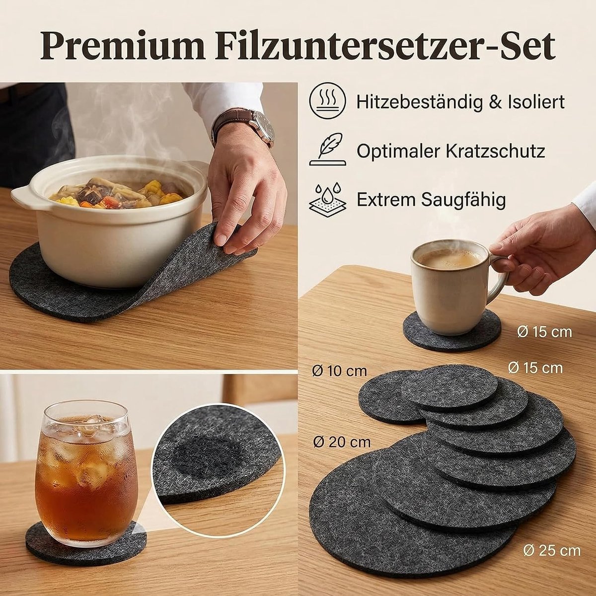 Vilt onderzetters rond 10 cm - antraciet - 5 mm dik - beschermt tafels en oppervlakken - ShopVlot