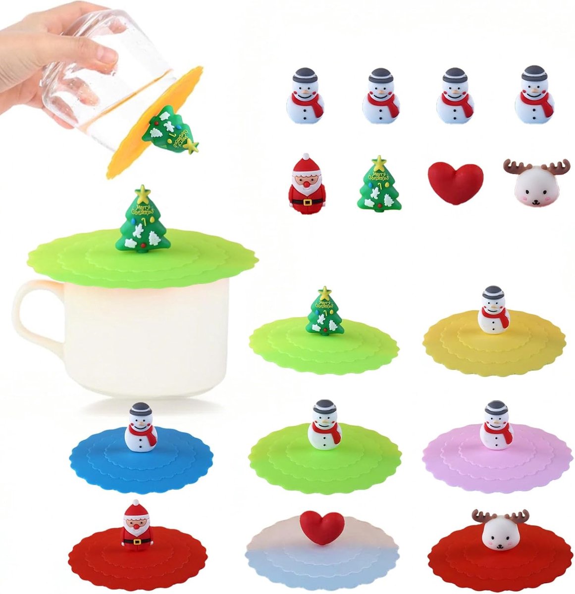 Silicone glasdeksels 10 cm - herbruikbaar silicone - kerst cartoon grip - beschermt tegen stof - ShopVlot