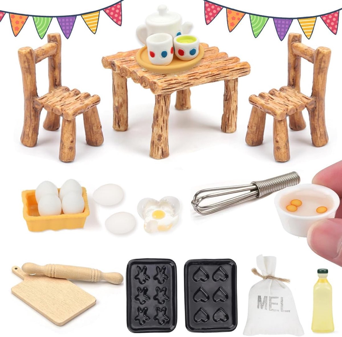 Miniatuur keuken poppenhuis accessoires - mini meubels - tafel en stoelen - ideaal voor bakplezier - ShopVlot
