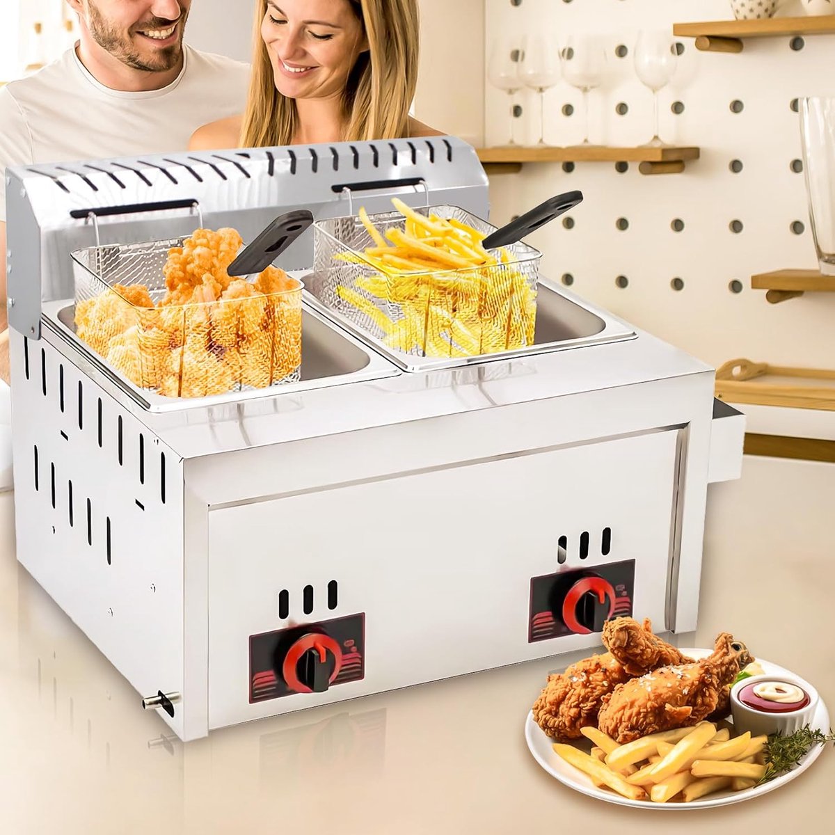 Professionele Frituurpan Dubbele Mand Frituur Snacks Bereiden Onafhankelijke Temperatuurregeling 20 Liter Zilver