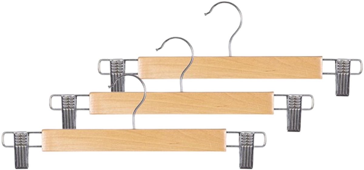 CM Broeken / rokken kledinghangers - 3x stuks - naturel hout - 33 cm - met klemmen - Kledingkast hangers - kleerhangers - broekhangers