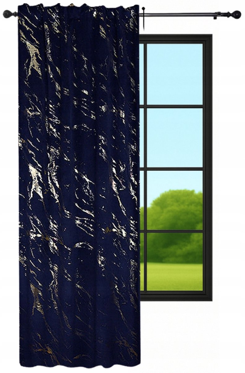 NOW-ART Marmer Serie - Veloursgordijn - 140 x 250 cm - Marineblauw met goudpatroon - Waveplooi Marineblauw;Goud