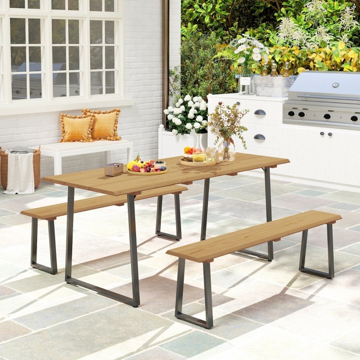 STILVORA Tuinset - 3-Delige Picknicktafel Met 2 Banken En Schermgat - Voor 6 Personen In T