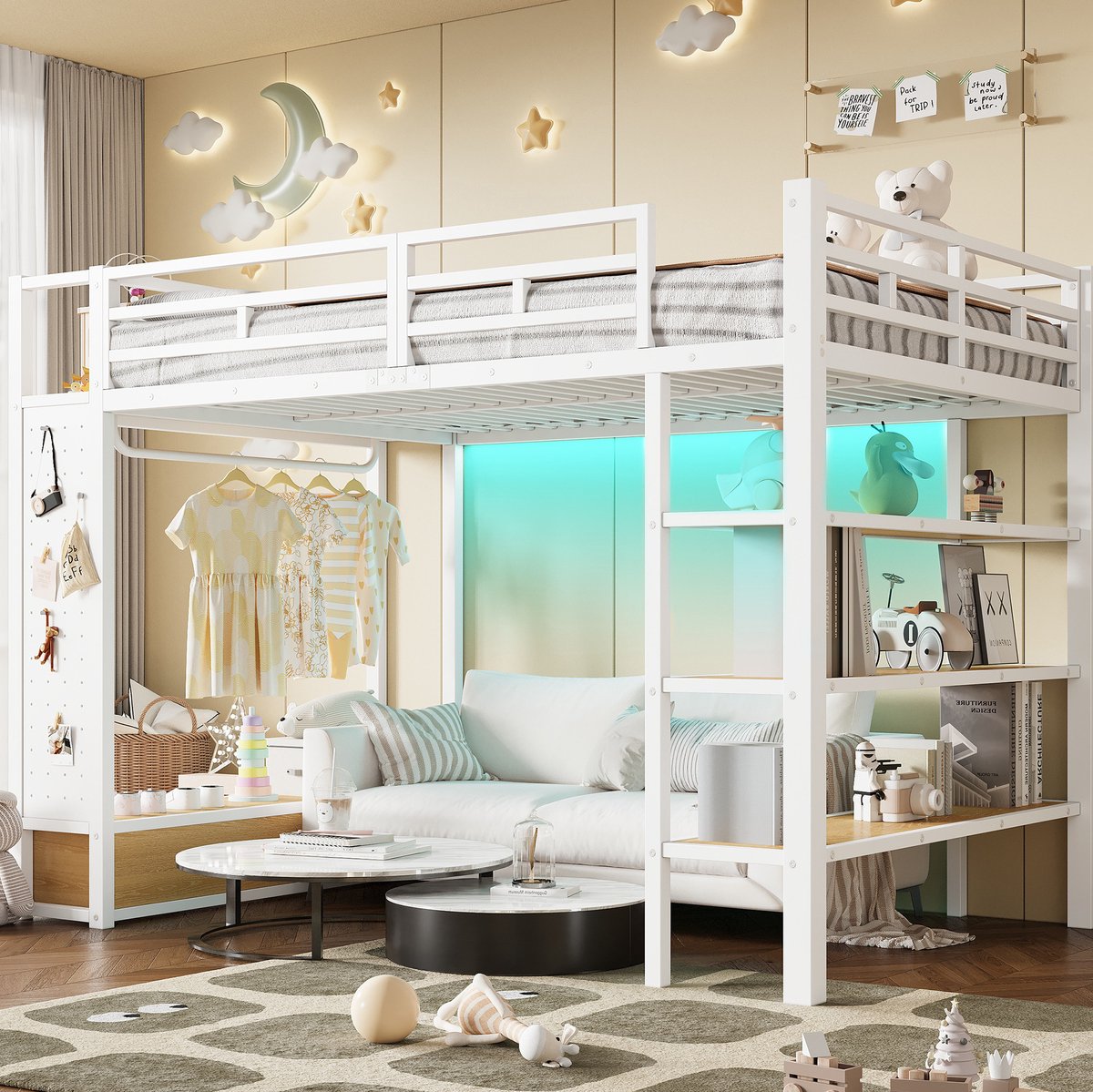 MEUNIQ hoogslaper 140x200 met open kledingkast, lades, planken, ladder, lochwand en LED-verlichting, metaal en MDF, wit White