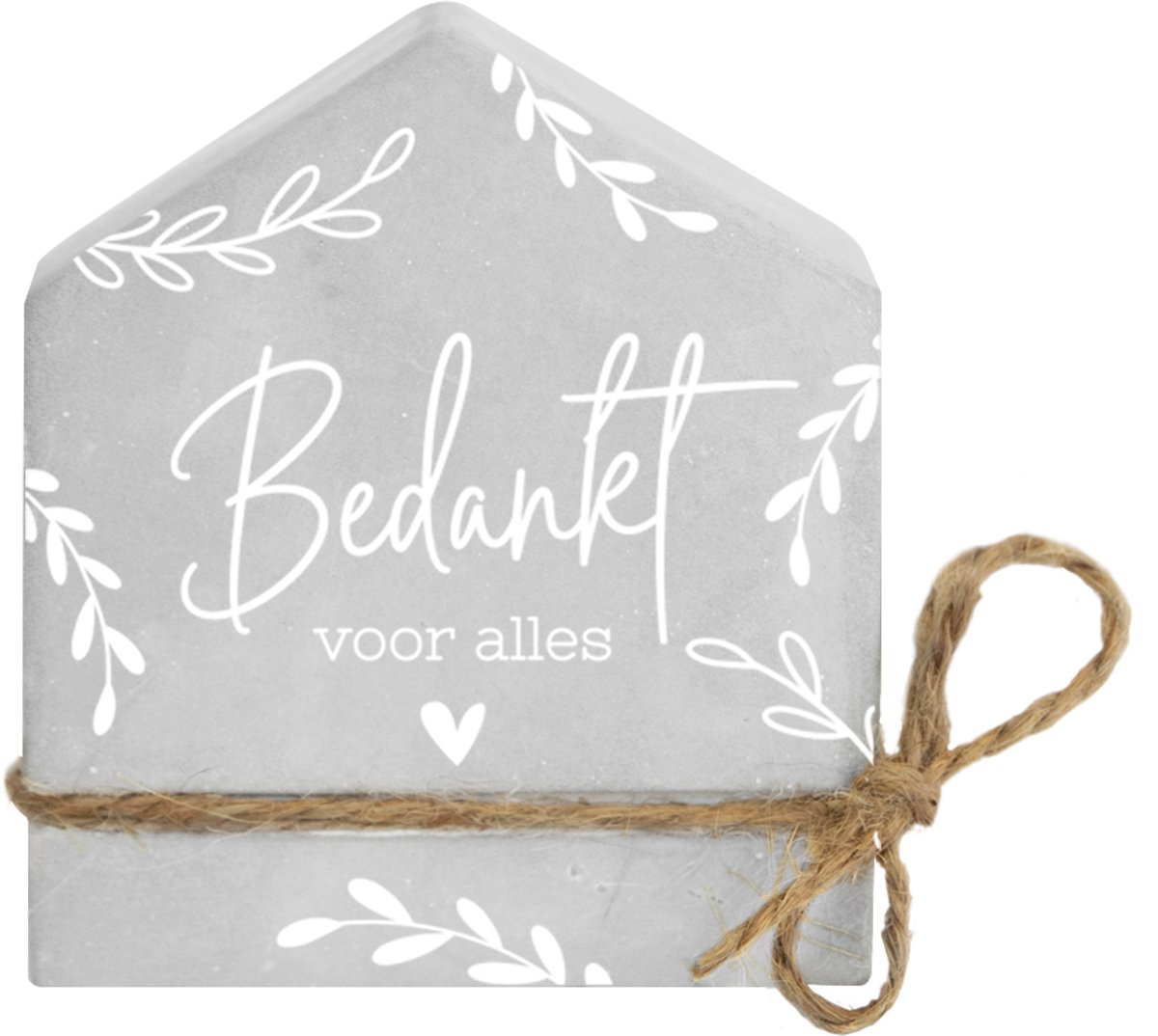 Creaties van Hier - Huisje Bedankt met houten hartje - 7x4x8 cm - Cement