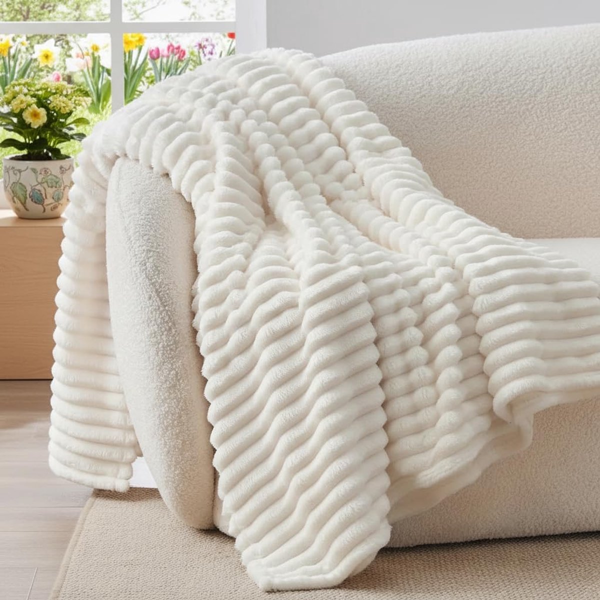 Famanu – Gestreepte flanellen fleece deken voor bed en bank (125 x 150 cm), crème wit, zacht en ademend