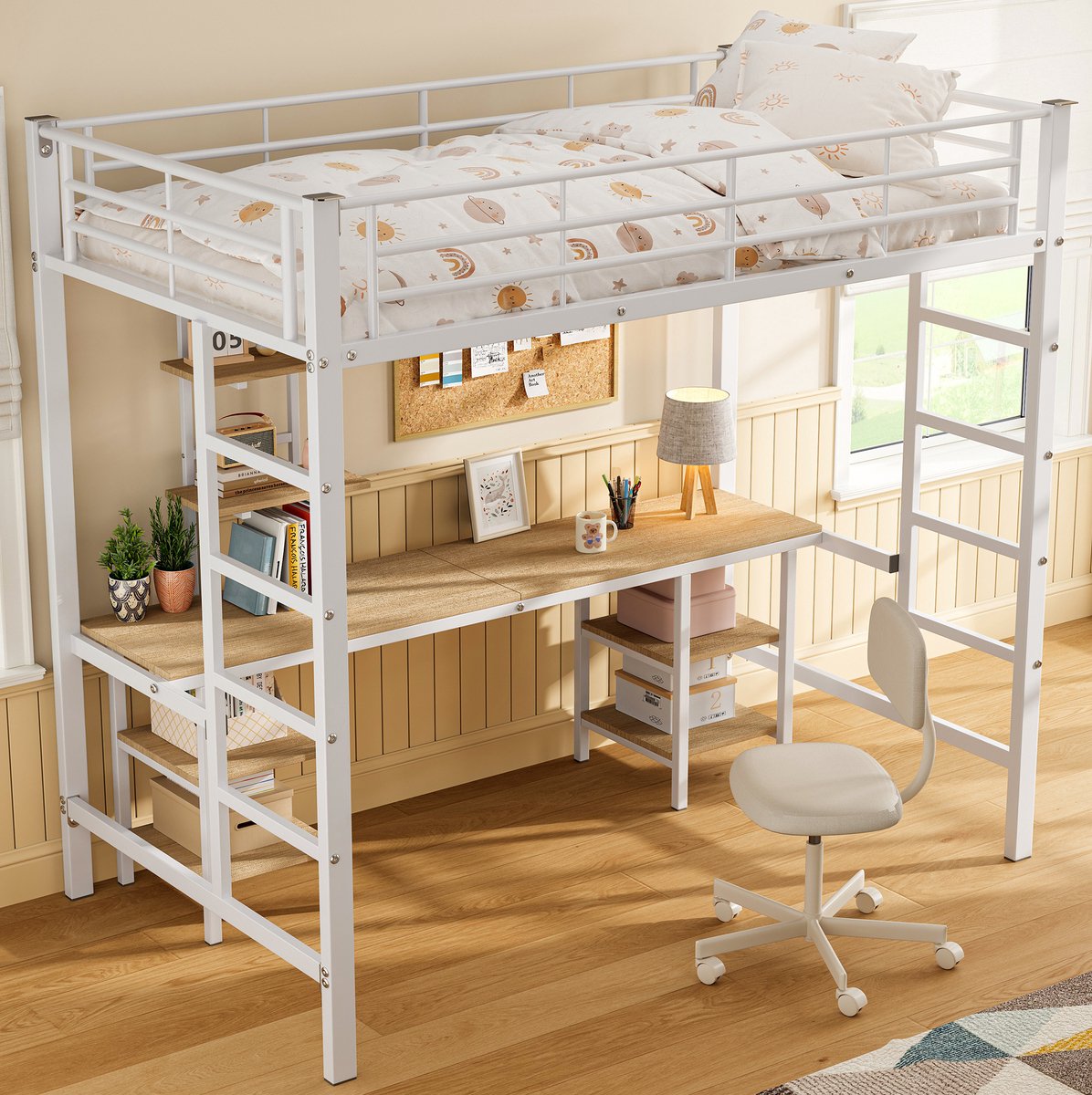 MEUNIQ Hoogslaper 90x200 cm met bureau, planken en zijladder, metalen bedframe met uitvalbeveiliging voor kinderkamer, wit White