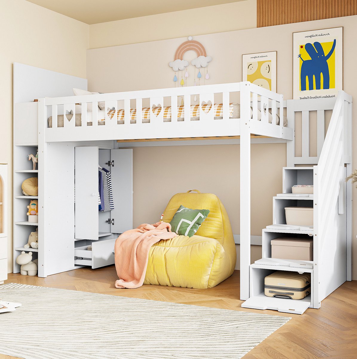 MEUNIQ Hoogslaper 90x200 cm met opbergleider, open vakken en klapkast, met uitvalbeveiliging, voor kinderkamer, wit