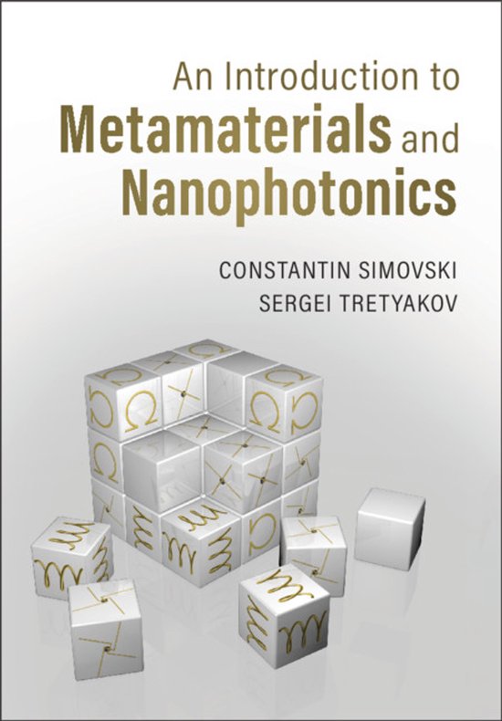 Boekomslag: An Introduction to Metamaterials and Nanophotonics met een kubus van witte blokjes met gouden symbolen.