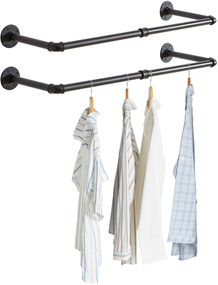 Dailygoods- Kledingstang Wandgemonteerd - Set van 2 - Zwart Staal - 94 cm - Industrieel Design - Ruimtebesparend - Eenvoudige Montage - Kledingrek