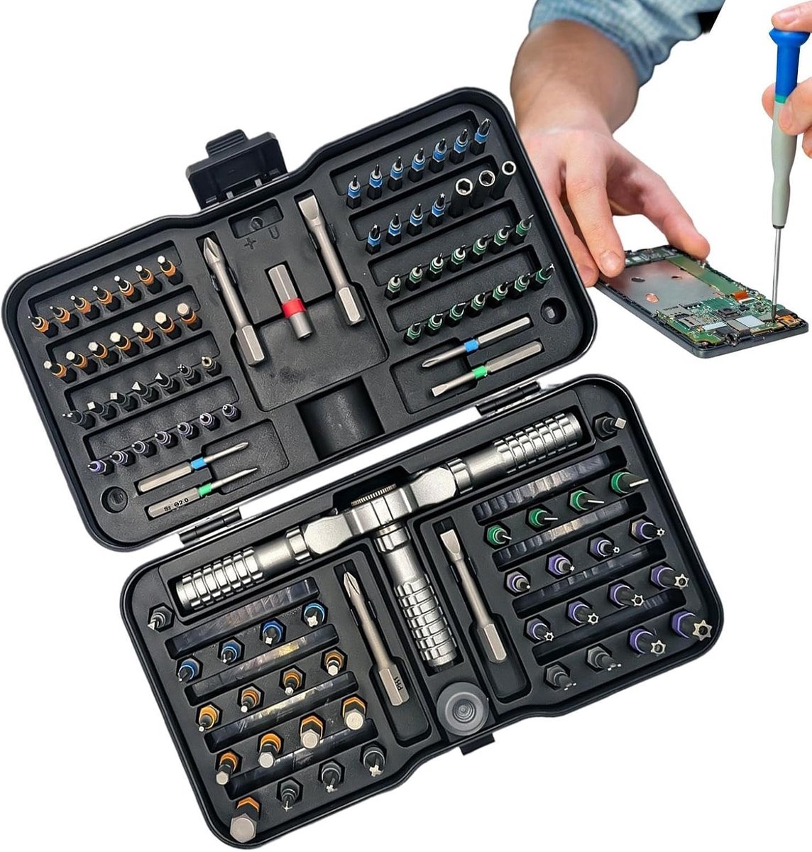 Ratelschroevendraaier set - Precisie gereedschap - Kleine reparaties - Magnetische bits - 181 x 107 cm - Grijs