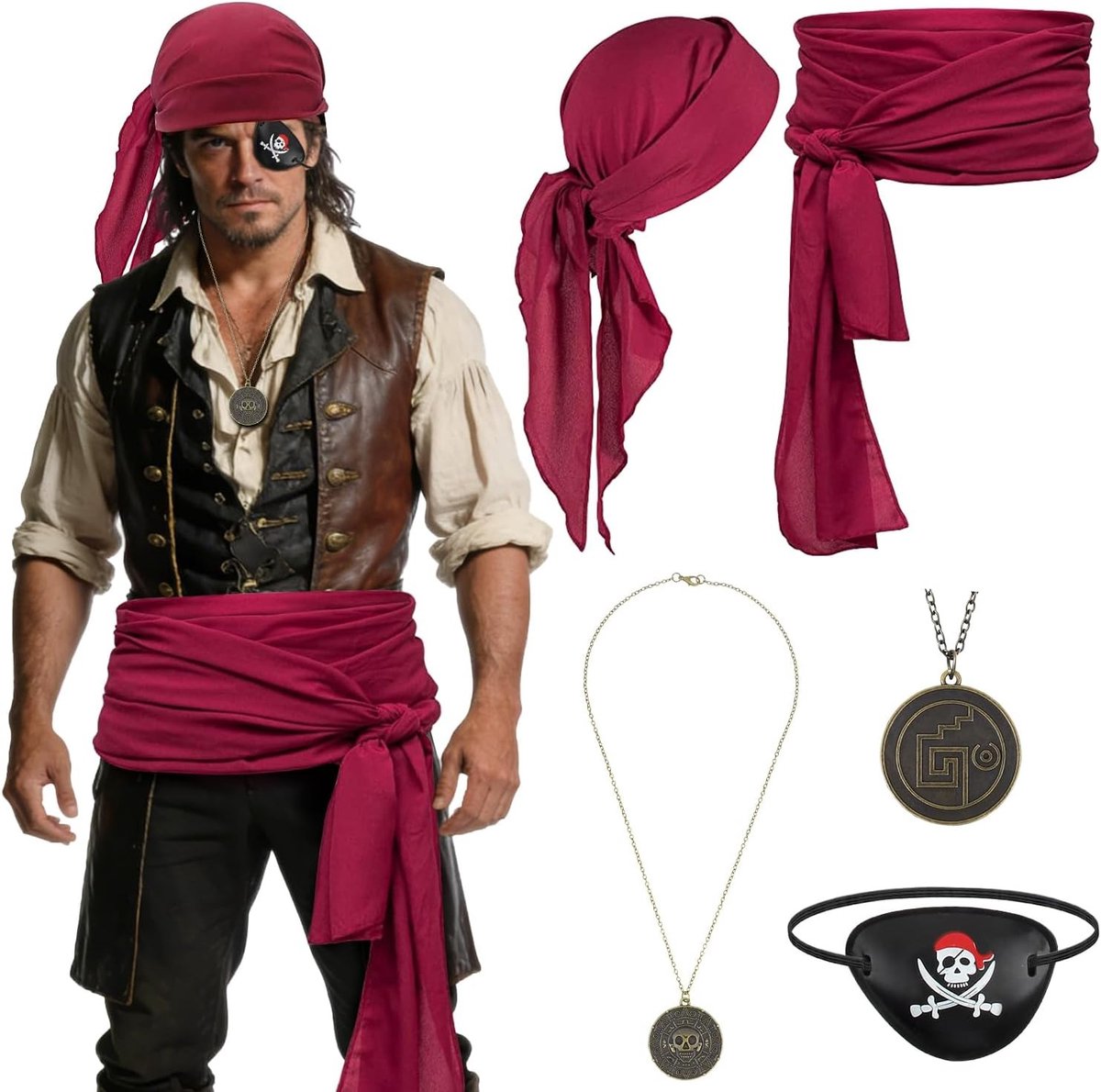Piratenkostuum voor Mannen met Accessoires - Piratenhalsketting, Piratenriem, Rode Hoofddoek en Ooglapje voor Carnaval en Halloween Feestjes