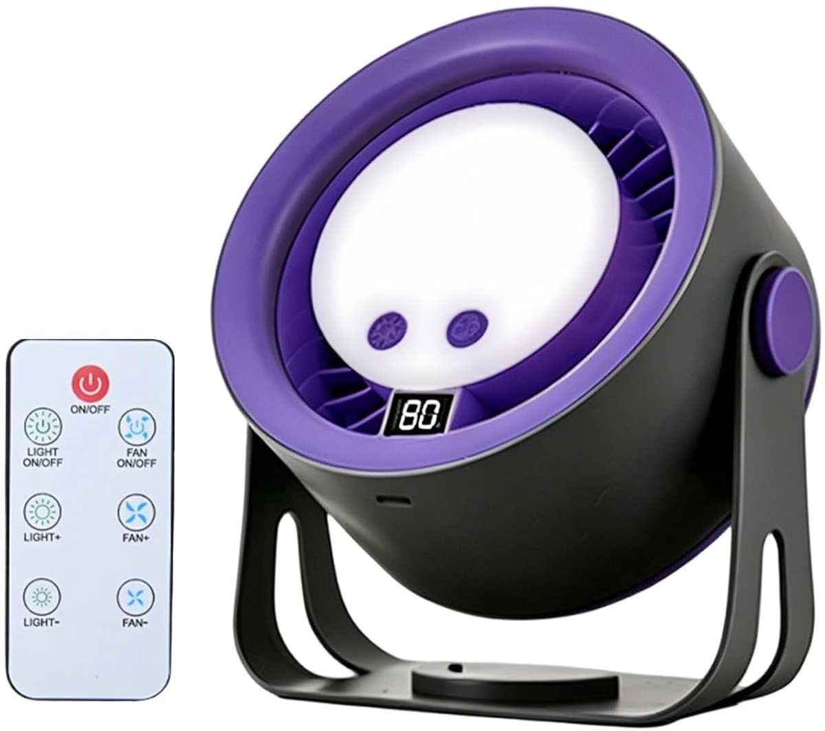 LISM-USB-oplaadbare bureauventilator met afstandsbediening, driekleurig licht, 5 instelbare dimstanden, stille werking, werkt op batterijen, geschikt voor thuis, studentenkamers en bureaugebruik, met ingebouwde verlichting (grijs-paars).