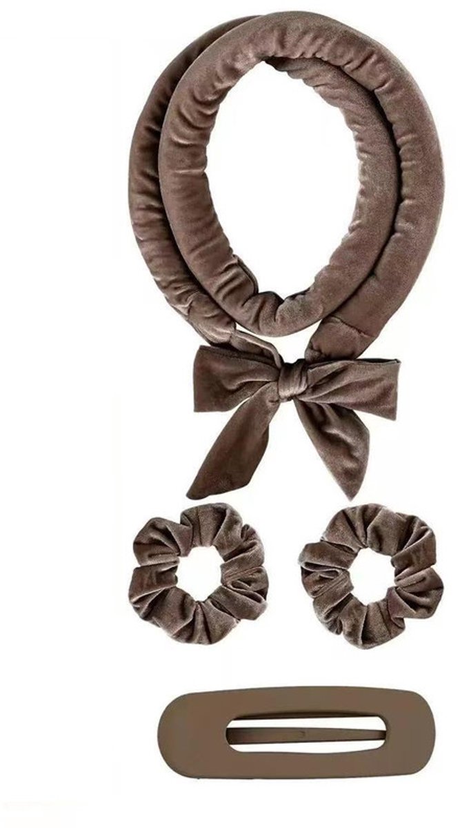 Deze set met hittevrije krultang bevat een zachte en comfortabele haarband, geschikt voor krullen die je 's nachts laat zitten of voor dagelijks gebruik,Koffiekleurige 4-delige set