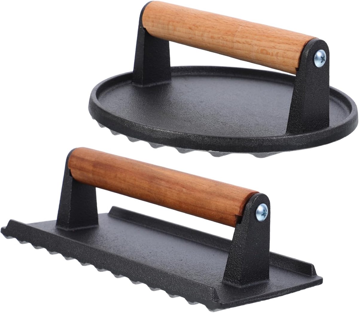 Gietijzeren Vleespers - Burgerpers - Gelijkmatig Garen - Houten Handvat - 20 x 10 x 6 cm - Zwart