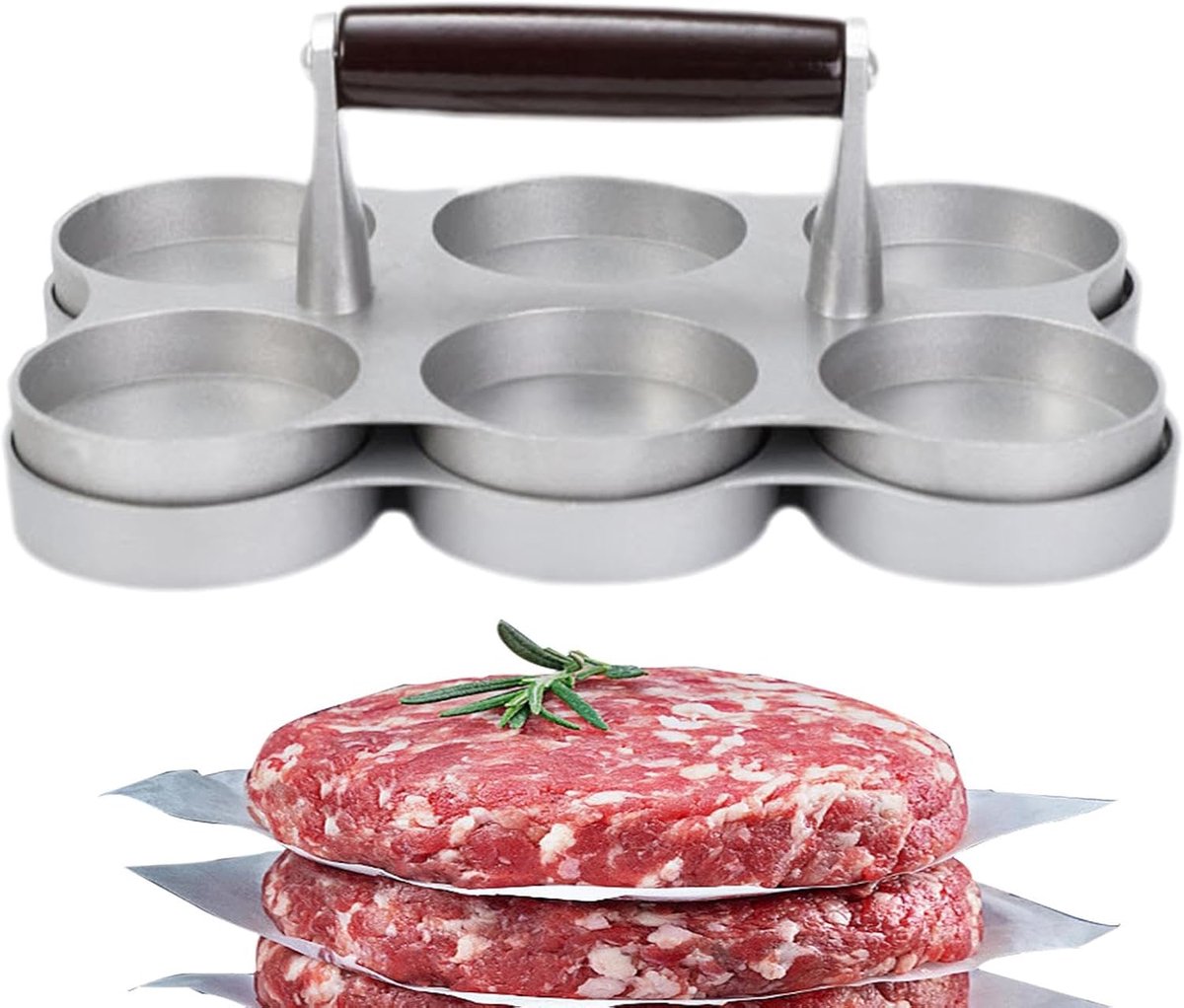 Burgerpers Patty Maker - Vleesvormer - Perfecte Burgers Maken - Maakt 6 stuks tegelijk - 223 cm breed - Zilver
