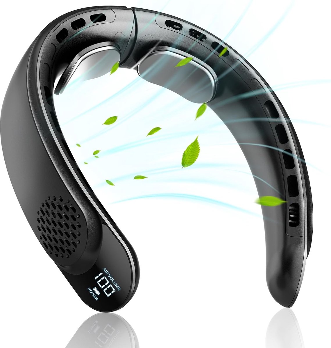 LISM-Draagbare nekventilator met 360° circulaire luchtstroom, handzaam ontwerp zonder bladen, 4000mAh batterij, drie snelheidsstanden, USB-opladen, geschikt voor thuis, op kantoor, op reis en tijdens het sporten (zwart).