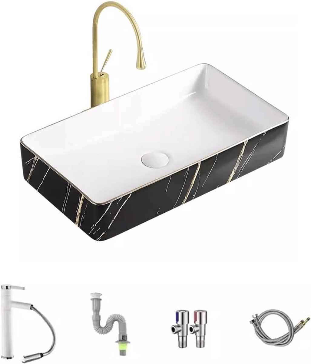 Keramische Wastafel - Opzetkom Badkamer - Stijlvolle Badkamer - Eenvoudig Onderhoud - 61 x 34 x 11 cm - Zwart