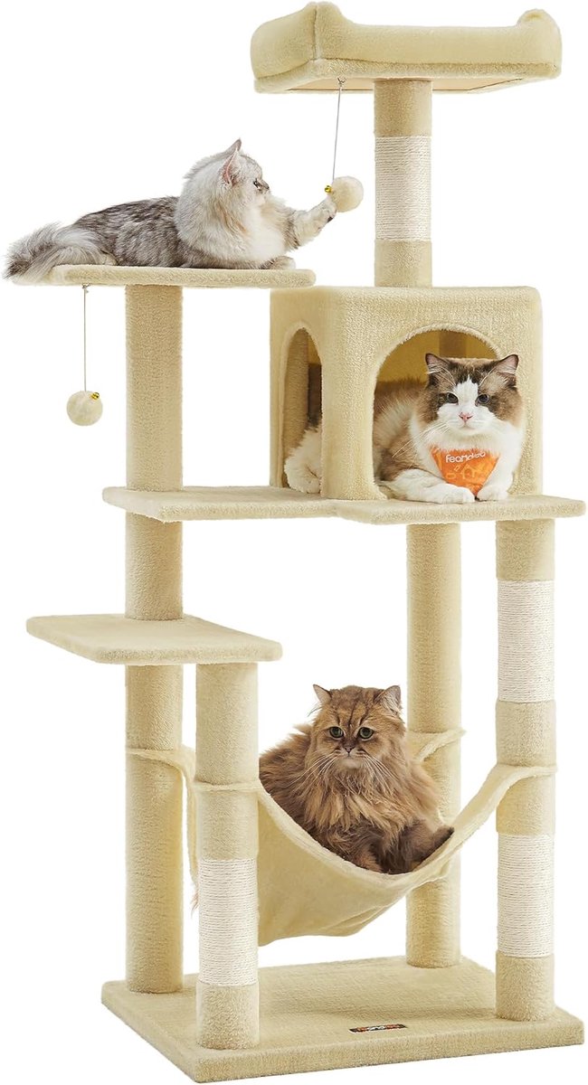 Feandrea Krabpaal, meerlaags kattenhuis, 143 cm hoog, met 4 krabpalen, 2 platforms, hangmat, grot beige PCT161M01