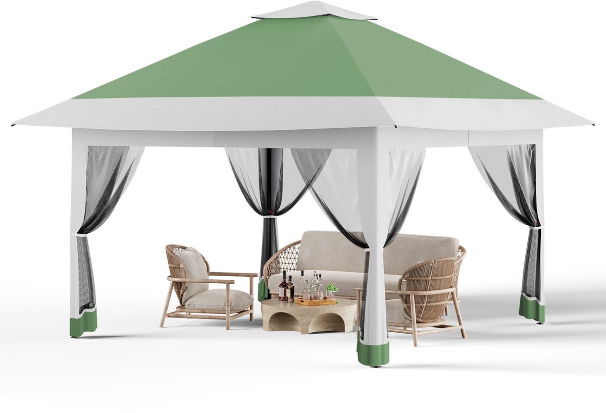 Partytent met 4 Mesh Zijwanden - 360x360x300cm - Waterafstotend Paviljoen met Muggennet - Pop-up - Geventileerd Dak - Draagtas op Wieltjes - Voor Tuin Terras Feest - Lichtgroen