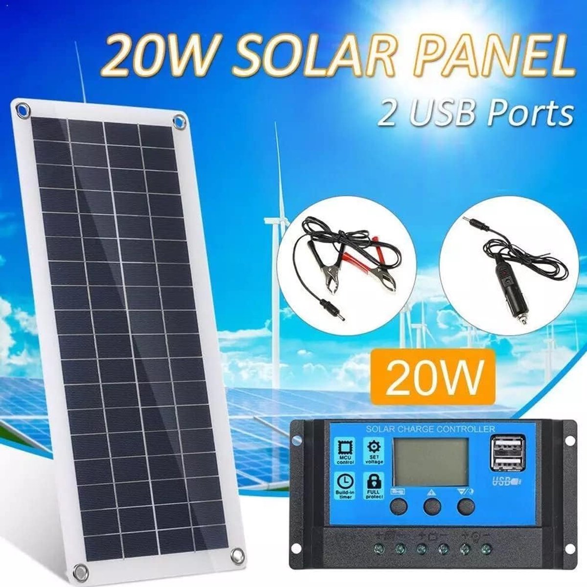Zonnepaneel - Zonne-energie - Stroom Opwekken - 20 Watt Vermogen - 46 x 30 cm - Zwart