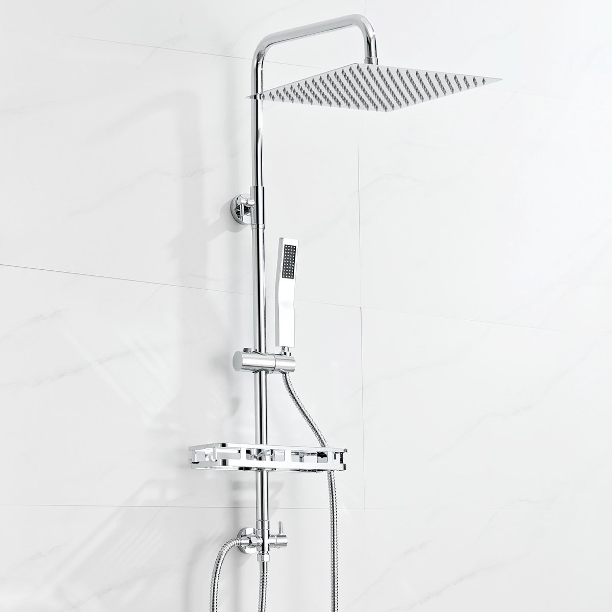 DERW Max Douchesysteem Regendouche - Doucheset - 12 inch XL Douchekop - RVS Handdouche - Met Plankje - Verstelbare Hoogte 72-110 cm - Chroom