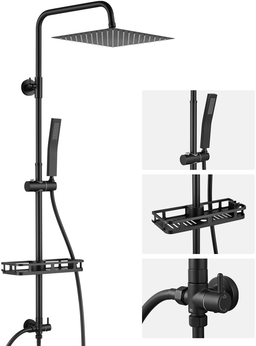 Auralum Max Douchesysteem Met Plankje - Zwart Doucheset - RVS Regendouche - 10 inch Douchekop - Verstelbare Hoogte 72-110 cm - Duurzame Messing Omsteller - Zwart