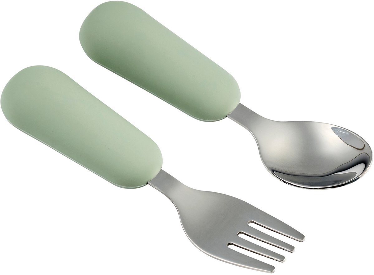 Nattou Mealtime Baby Bestek - Baby Lepel en Vork - Inox Bestekset - 12 cm - vanaf 8 maanden - Lindegroen