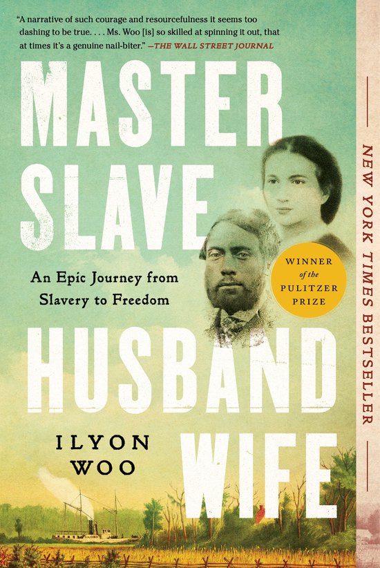 Boekomslag met de titel 'Master Slave Husband Wife' en portretten van twee personen. Met citaten en prijzen.