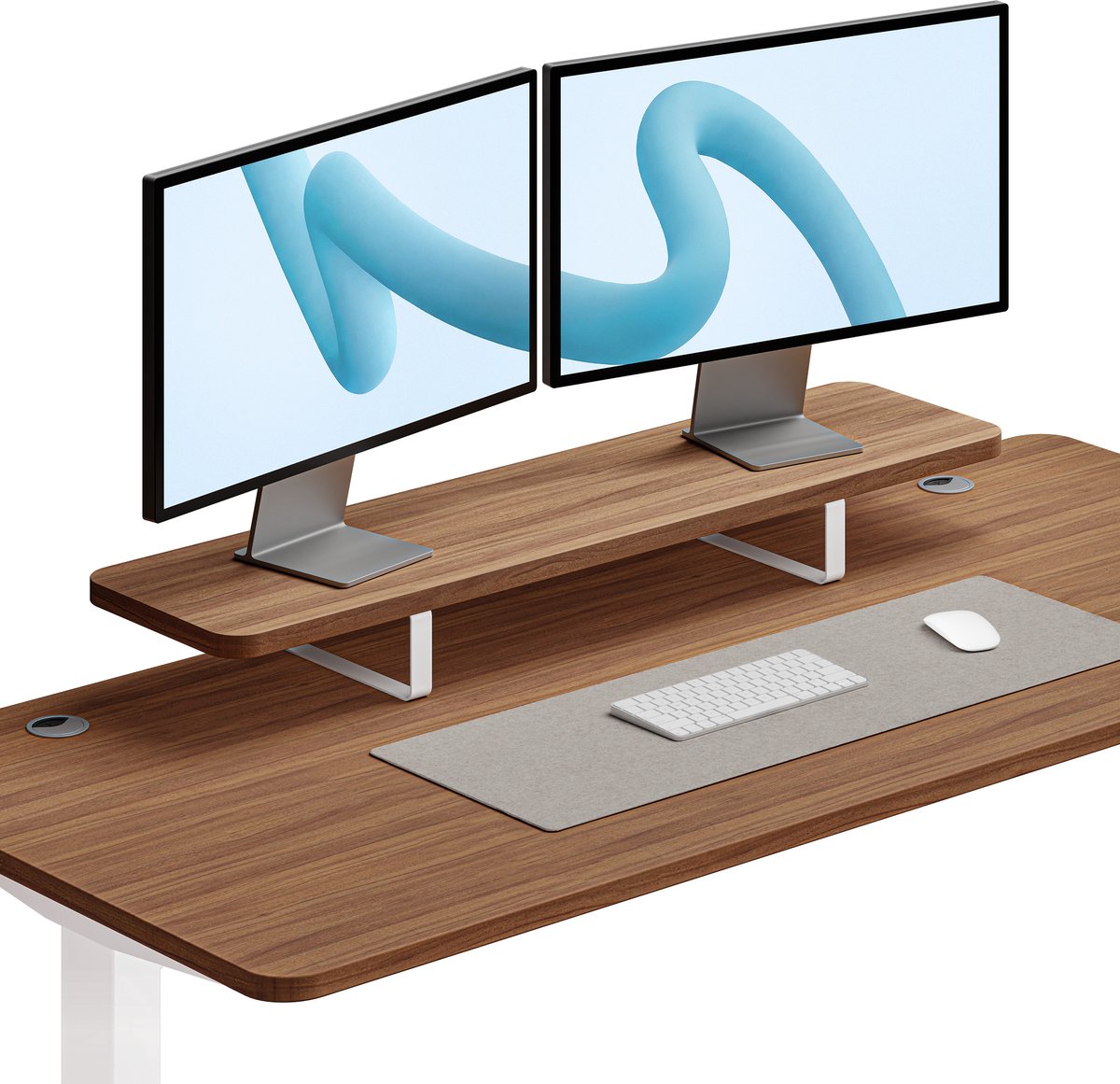 Desktronic Monitorstandaard 2 Schermen Wit/Walnoot - Monitor Verhoger Hout - 114 x 28 cm