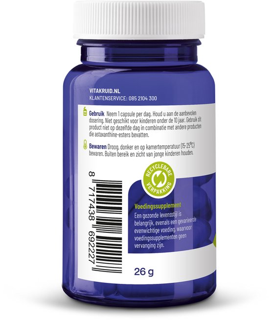 Paarse pot met 26g vegan capsules. Label met gebruiksaanwijzing en recyclebaar logo.