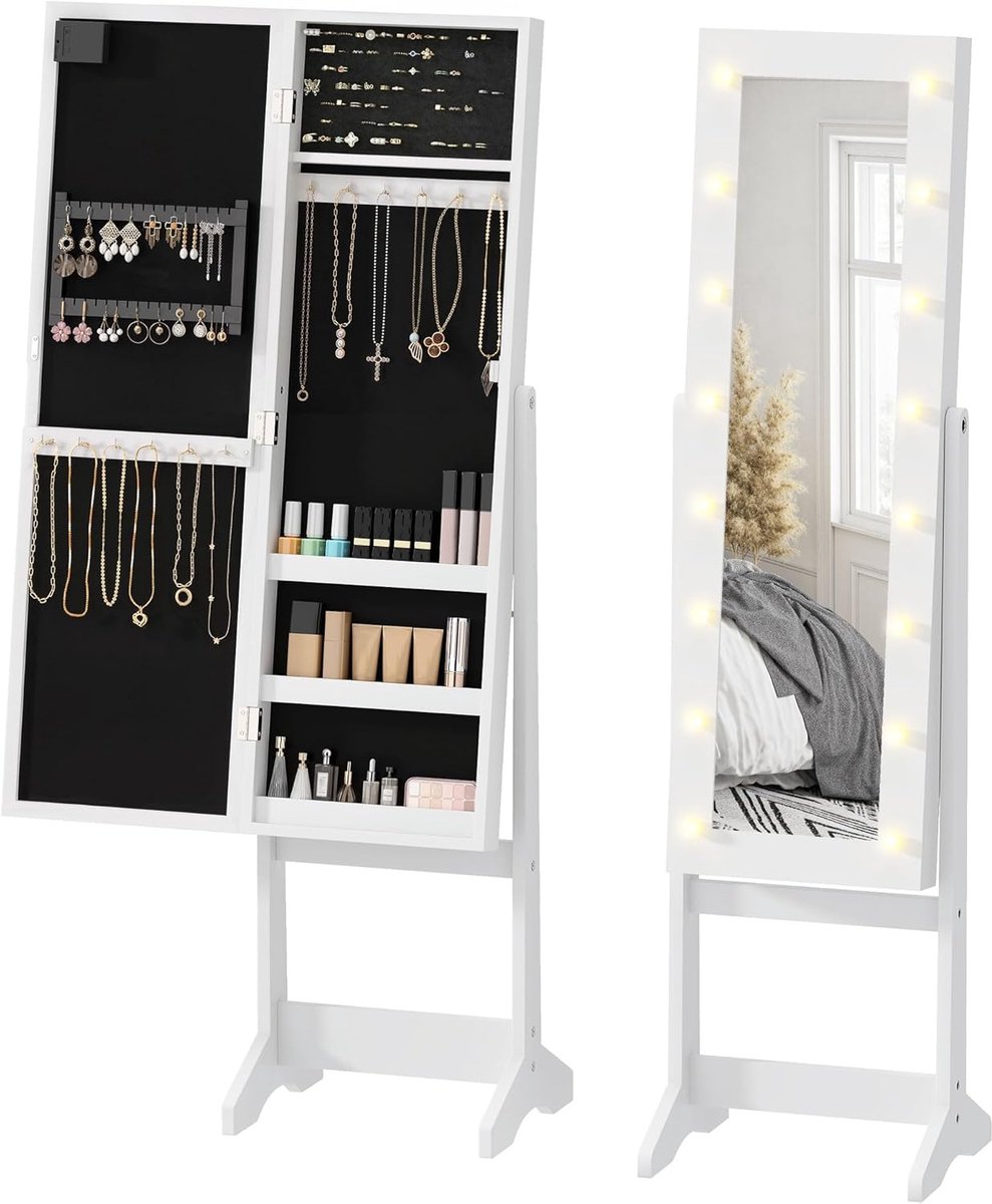 Sieradenkast met spiegel - Opbergkast sieraden - Sieraden organiseren - Geïntegreerde LED-verlichting - 36x30x136 cm - Wit