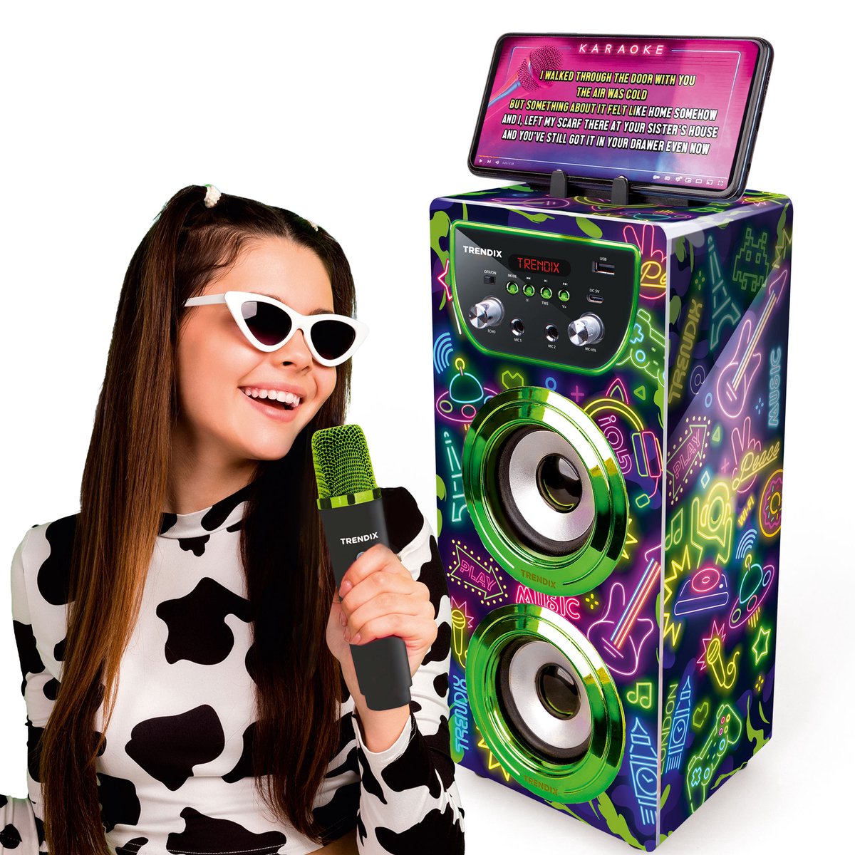 Trendix - Neon World Karaoke Speaker - Karaoke Set met 2 Draadloze Microfoons & LED Discobal