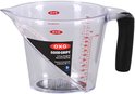 Pichet mesureur transparent de 1 litre avec une échelle inclinée et une poignée noire.