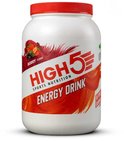Wit potje met rode dop, HIGH5 Sports Nutrition Energy Drink met bessen smaak en afbeelding van bosbessen en aardbeien.