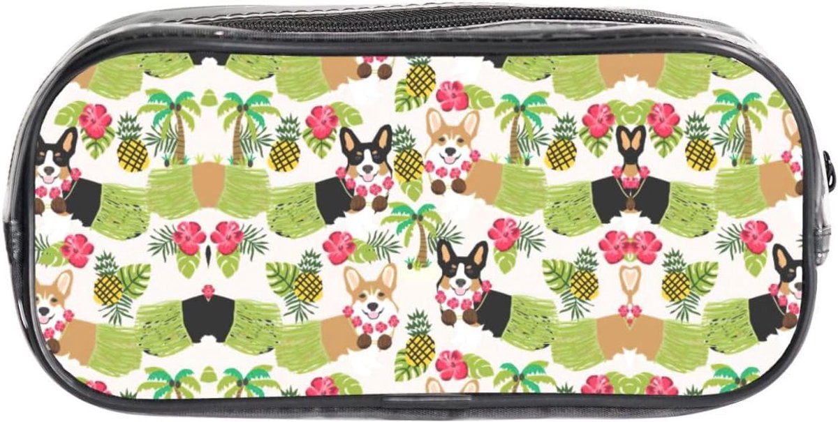 Doorzichtig Etui - Pennenetui Transparant - Spullen Opbergen - Tropische Bloemen Corgi Print - 22 x 10.5 x 4 cm