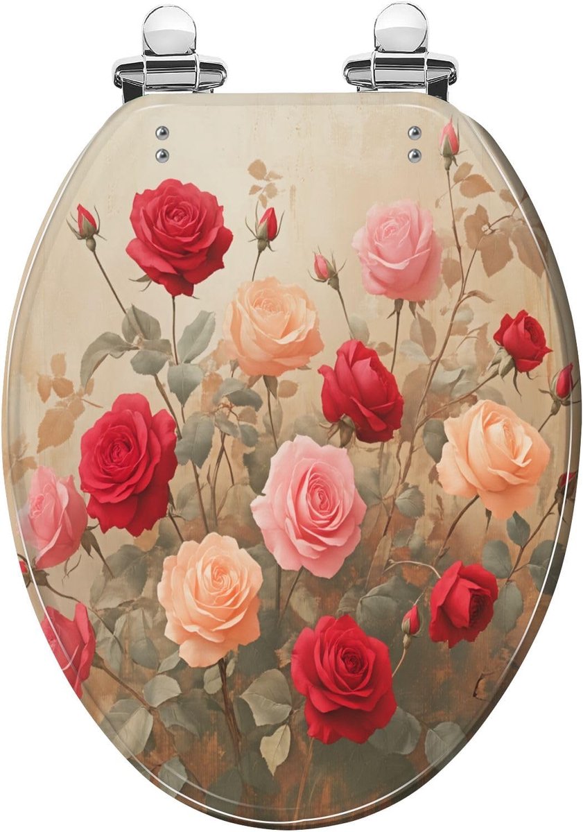 Decoratieve Toiletbril - Toiletdeksel Toiletzitting - Badkamer Verbeteren - Hars Stille Sluiting - 43-46 cm Lengte - Rood Roze Rozen