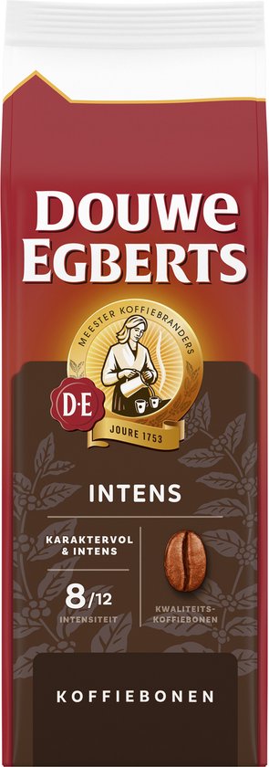 Rode verpakking Douwe Egberts koffiebonen 'INTENS' met koffieboon en 500g.