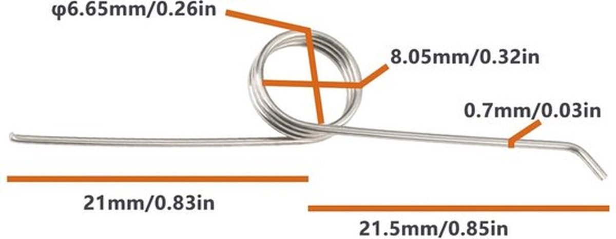 Torsielente 5 Stks - Draaddiameter 0.7mm - Buitendiameter 8.05mm - Arm lengtes 21/21.5mm - Voor prullenbak met vergrendeling - Veelzijdige toepassingen - Veersysteem