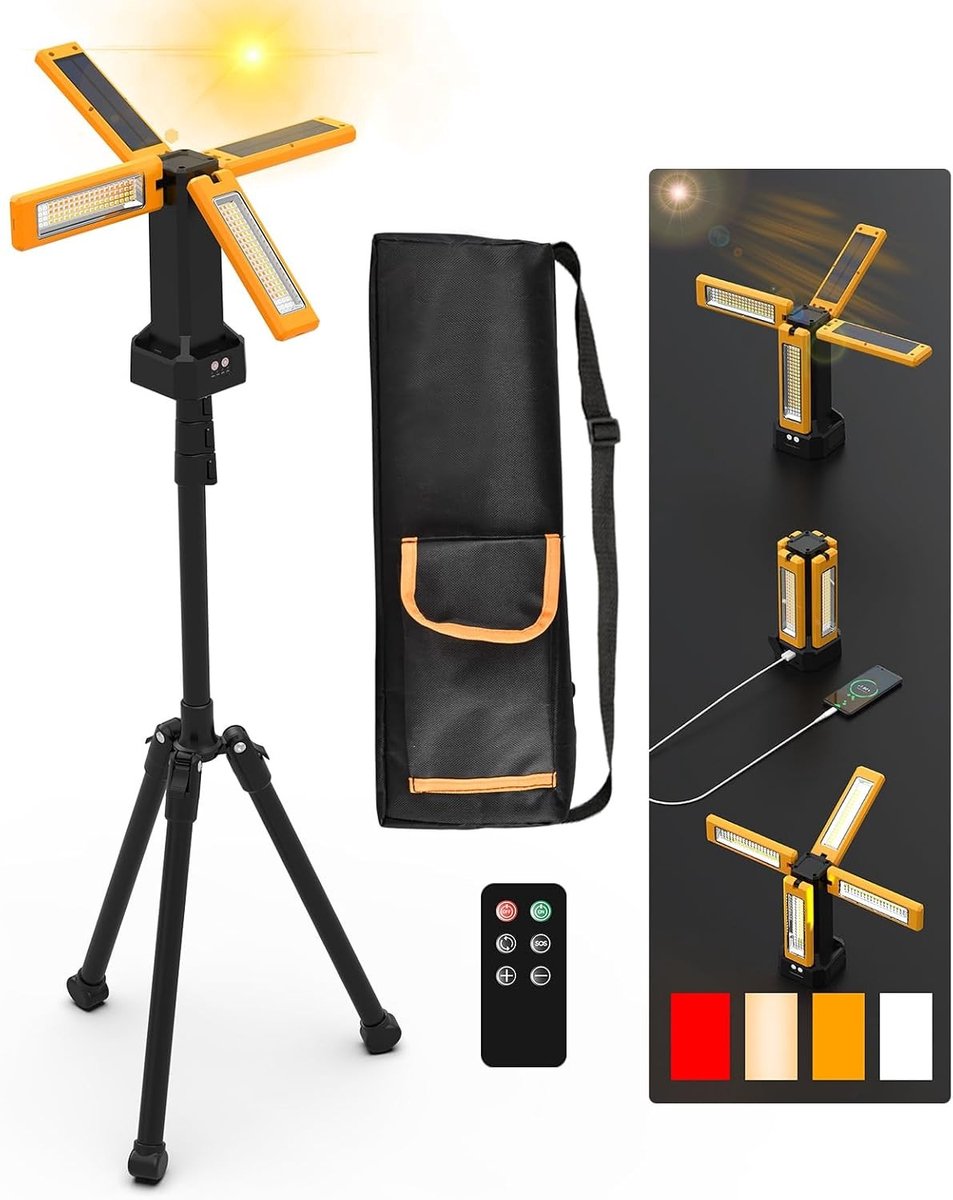 Bouwlamp op Zonne-energie - Oranje - Met Afstandsbediening - Oplaadbare Batterij 13200 mAh - Voor Bouwplaats of Buiten