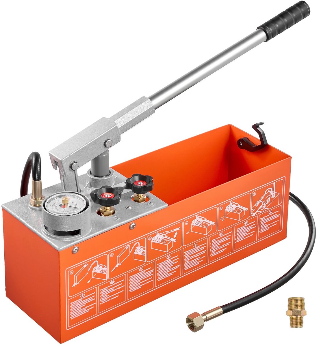 Hydraulische druktestpomp - Handbediende drukpomp - 11,36 L tank - 0-50 bar - Dubbele klep - Met manometer - Voor waterleidingen, pijpleidingen en verwarmingssystemen