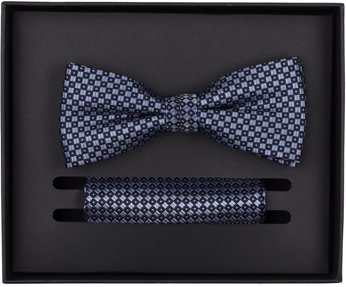 VENTI set met vlinderdas en pochet - blauw - grijs - zwart dessin