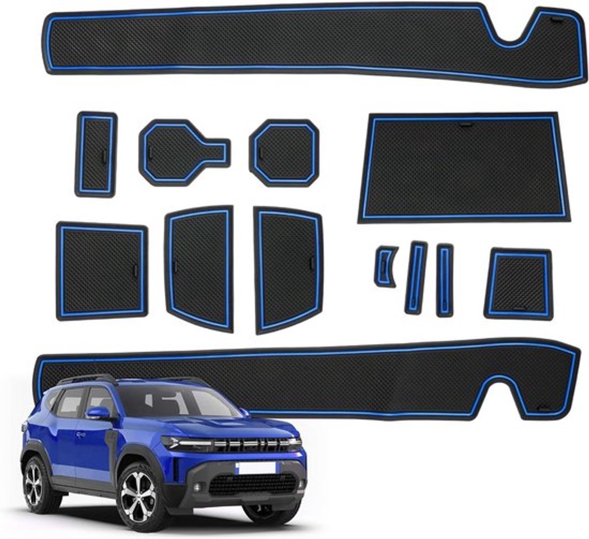 Antislip rubbermatten voor middenconsole, bekerhouder en deuruitsparingen - Duster III 2024-2026, blauw, duurzaam en op maat gemaakt