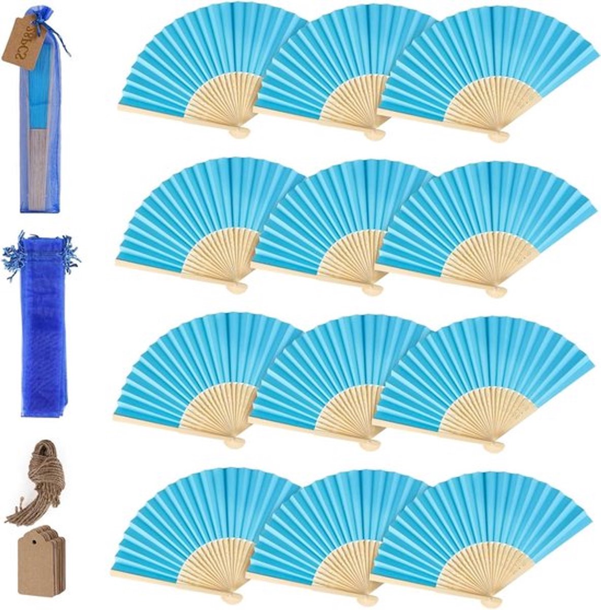 Blauwe papieren waaiers - 28 stuks, opvouwbare decoratie voor bruiloft, doop en feest - inclusief 30 organza zakjes en bedankkaarten