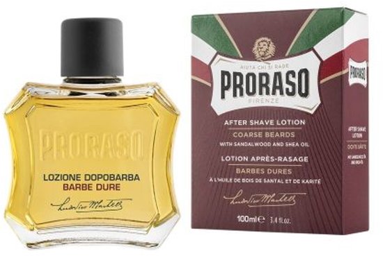 Proraso After Shave Lotion voor stugge baarden met sandelhout en sheaboter in een glazen fles met zwarte dop.