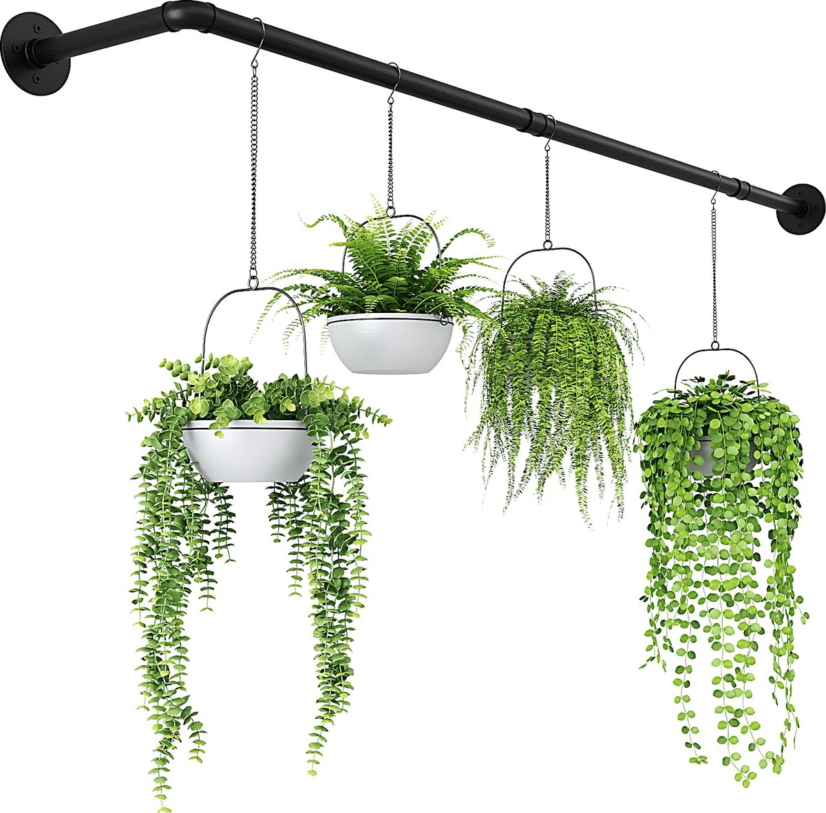 Famanu – L-vormige hangende plantenbakken voor kamerplanten, hoekplantenhouder voor binnenraam en plafondmontage, zwevende zwarte metalen staaf (pot en plant niet inbegrepen)