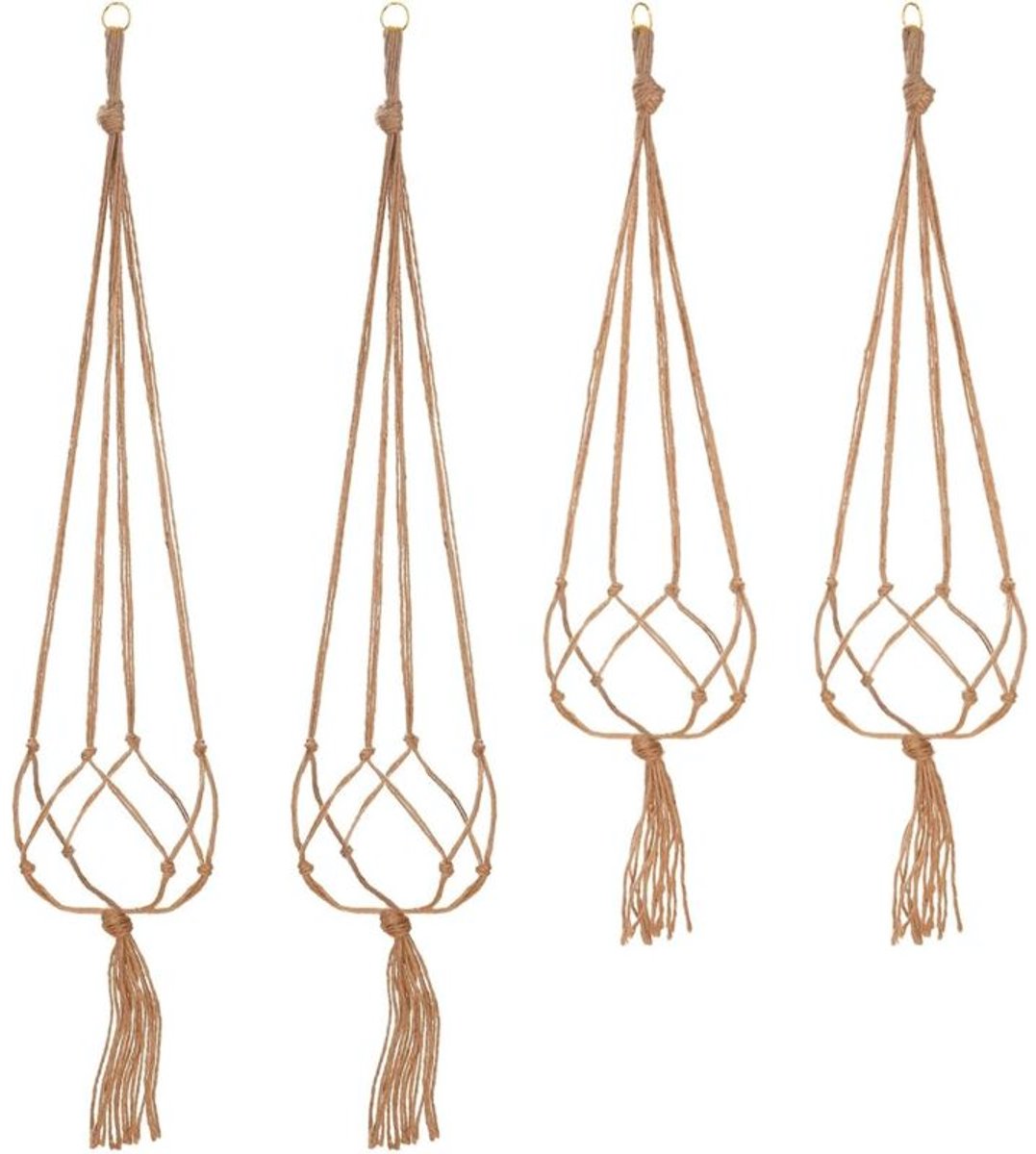 Plantenstandaards en -schalen, een set van 4 handgeweven hangende plantenmanden van touw, hangende bloempotstandaards, tuindecoraties geschikt voor binnen en buiten - 2 x 105 cm en 2 x 90 cm, in totaal 120 cm.