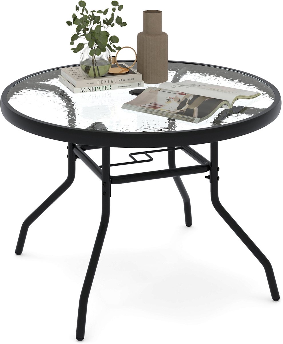COSTWAY Tuintafel, Ø 70 cm Bijzettafel Buiten met Paraplugat & Glazen Plaat, Ronde Terrastafel, Balkontafel, Koffietafel voor Tuin, Terras, Balkon