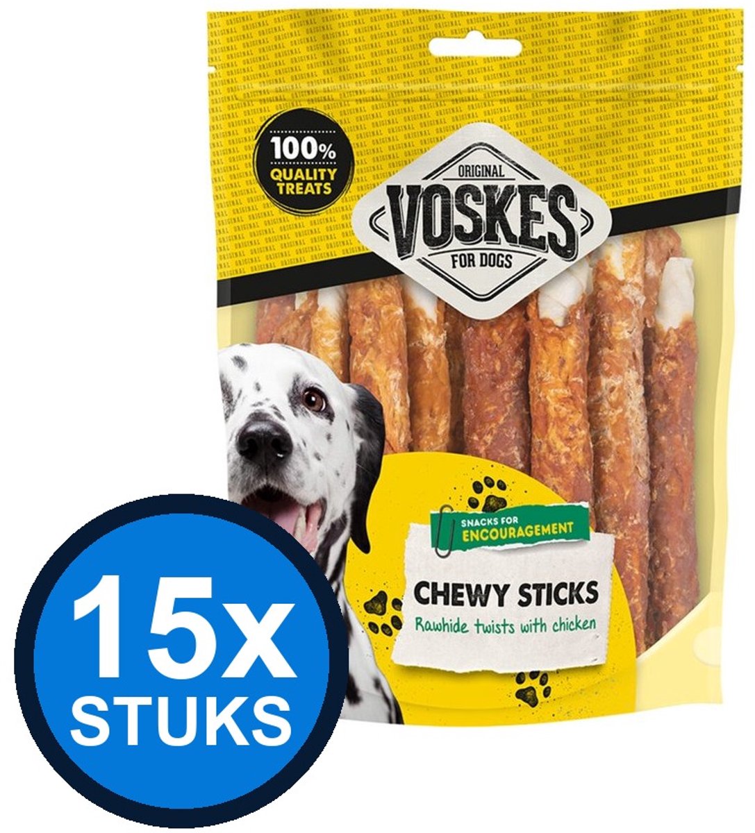 15x Voskes Runderhuid Sticks met Kip - Hondensnack - 400g